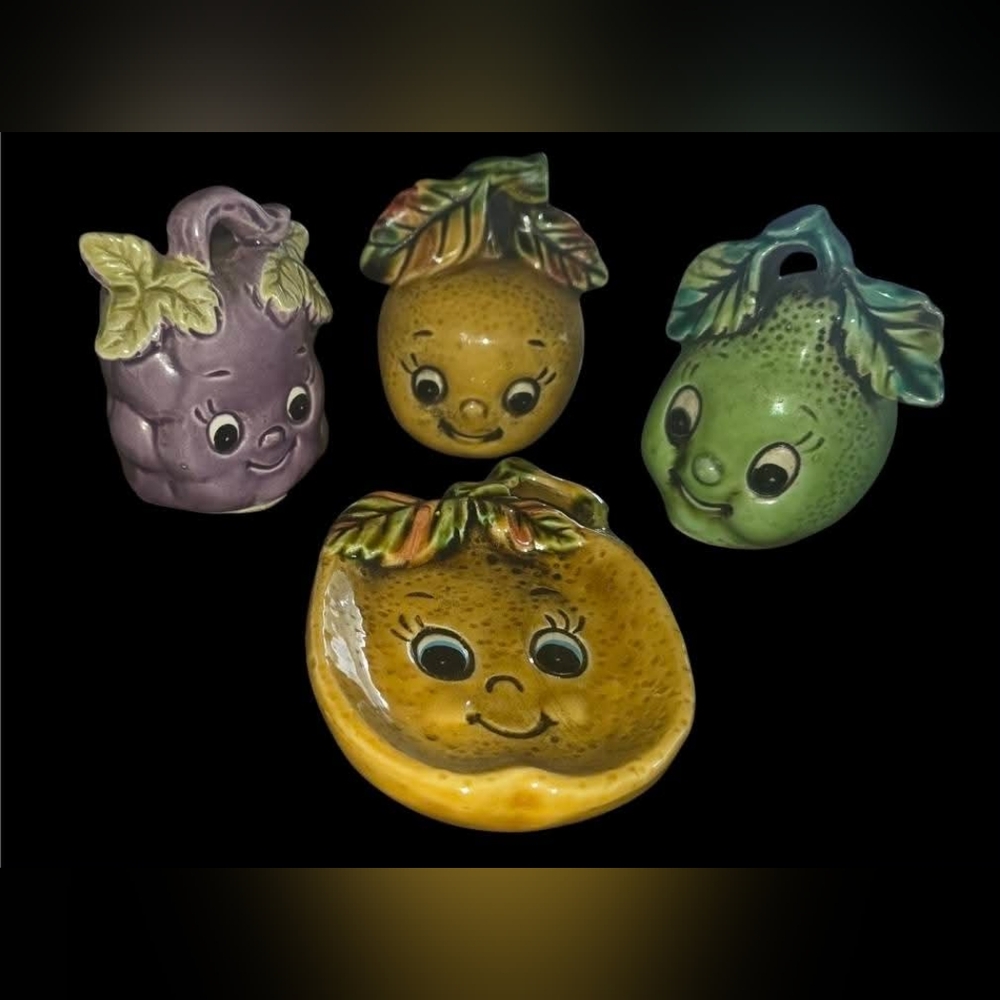 Vintage LOT of 4 Amazing Anthropomorphic Fruit Shaker Toothpick Holder Spoonrest